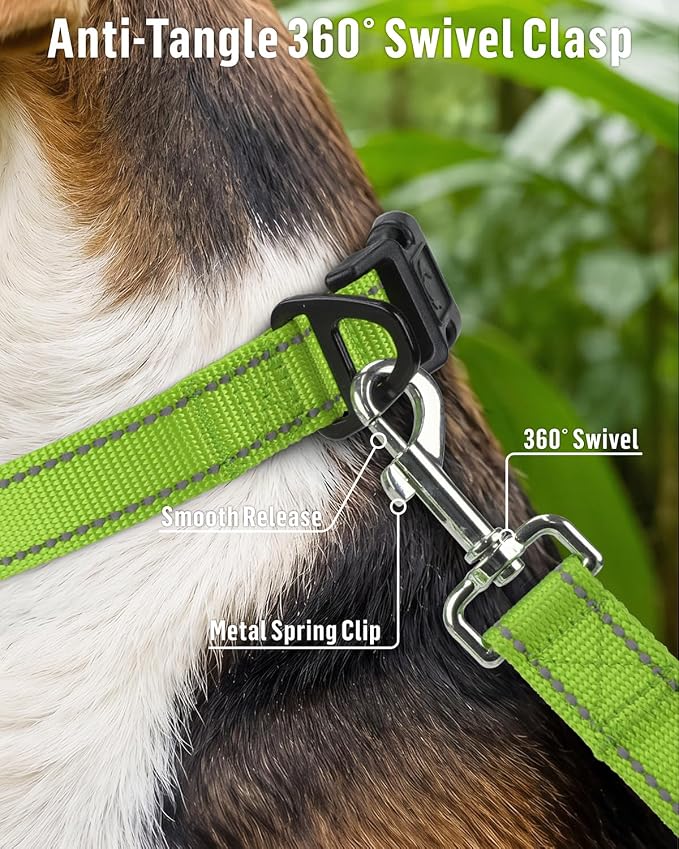 FunTags Reflective Nylon Dog Leash for Small & Medium Dogs, 6FT for Walks | Comfortable Padded Grip, Stay Safe at Night, 360° Anti-Tangle Swivel, for Dog Parks & Trails, Green - Image 4