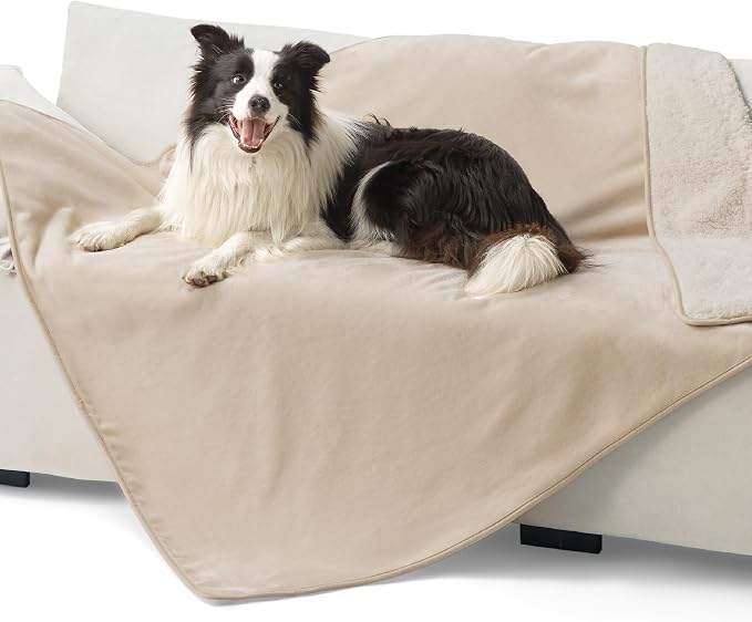 Bedsure Waterproof Dog Blankets for Large Dogs Sherpa Fleece Throw, 50X70 | Washable Soft Plush Pet Cat Blanket for Couch Cover, Reversible Cozy Calming Furniture Protector Warm for Senior Dogs,Cream by Unknown