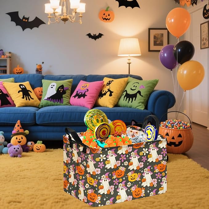 Halloween Pumpkin Ghost Storage Basket, Foldable Toy Organizer Bin | Halloween Pumpkin & Ghost Design with Cotton Linen Fabric, Waterproof Lining, Leather Handles and Foldable Storage Style - Image 2