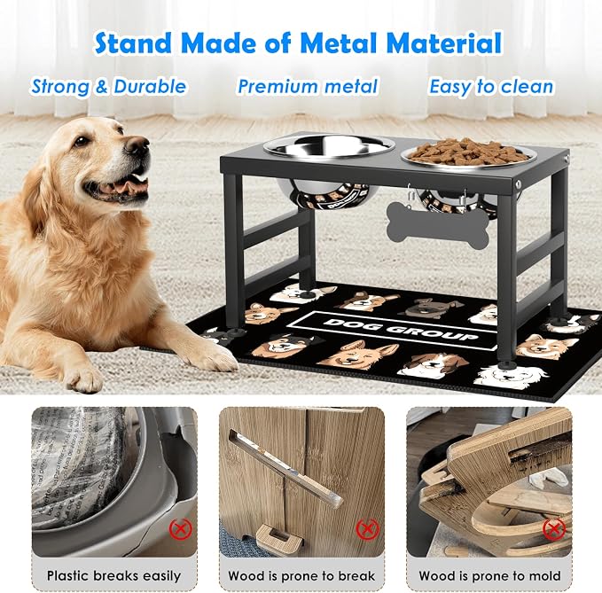 ADENGL Elevated Dog Bowls, 10" Tall Height, Raised Bowl Stand with 2 Stainless Steel Food Feeder Bowls (58oz) and Spill-Proof Mat for Medium Large and Small Breeds - Image 5