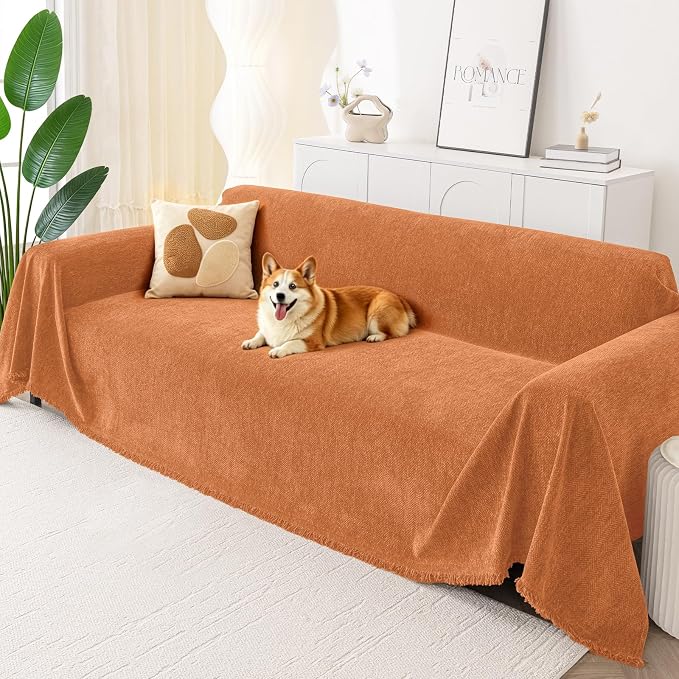 Smiry Couch Cover for Dogs, Chenille Sofa Covers for 3 Cushion Couch | Washable Soft Sofa Slipcover for Pets, Thick Sectional Furniture Protector with Tassels (Orange, 71x134 Inch) by Smiry