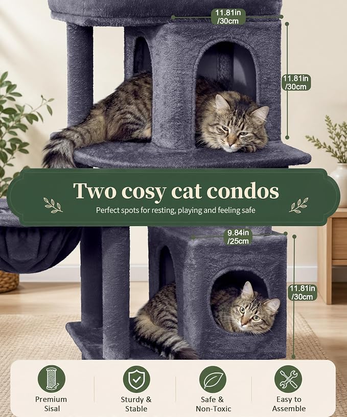 68 Inch Heavy Duty Cat Tree Tower for Indoor Cats Large Adult | Cat Tower with 2 Condos, Sisal Scratching Posts, Plush Platform & Hammock, Extra Stable Big Cat Furniture, Dark Grey - Image 4