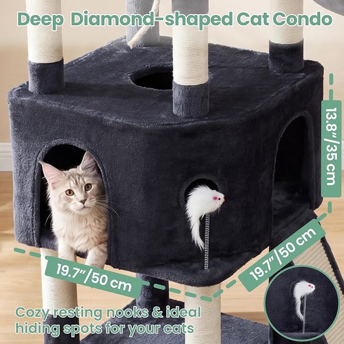 Cat Tree, 61 Inch Tall Cat Tower, Diamond-Shaped Cat Cave VCT001G | Cat Condo with Wide Top Perch & Basket, Sturdy Scratching Post, Interactive Toy for Large Indoor Cats, Smoky Gray - Image 2
