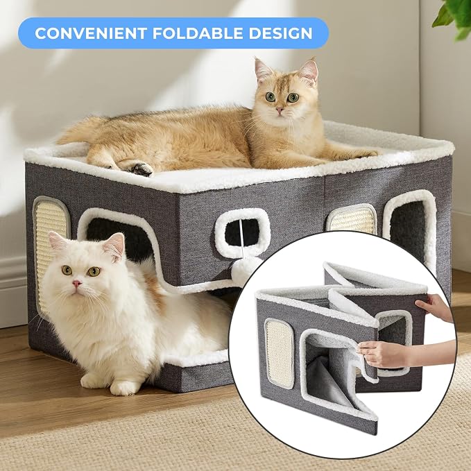 ZOMISIA Extra-Wide Cat House for Indoor Cats - Large Cat House for Pet with Fluffy Ball Hanging and Scratch Pad, Foldable Cat Hideaway for Multi Cats, 23x16.5x13 inches, Grey - Image 4