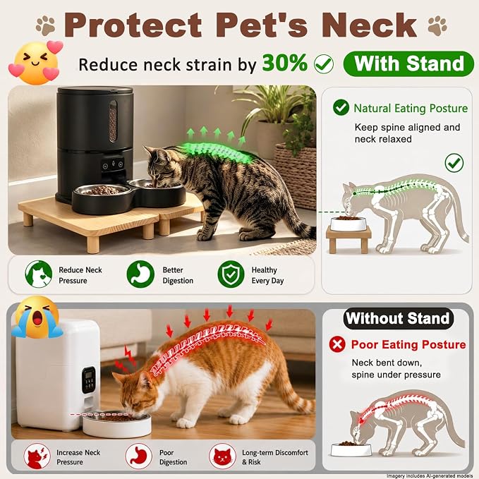 SZEE 2-Pack Cat Food Stand, Elevated Pine Wood Cat Feeder Stand for 2 Cats | Raises Feeder/Bowl by 2 3/8", for Dual-Bowl Automatic Cat Feeder Stand & Bowls - Image 2