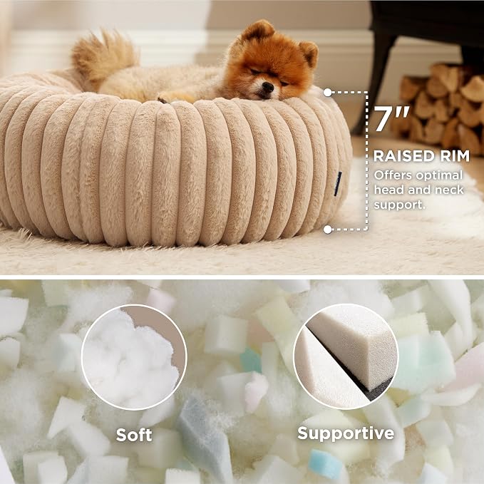 Bedsure ComfyFleece™ Donut Small Dog Bed with Removable Washable Cover | 23x23x7in, Calming Round Cat Beds for Indoor Cats, Support Plush Puppy Bed, Corduroy Fleece,Anti Slip Bottom,Sandy Beige - Image 2