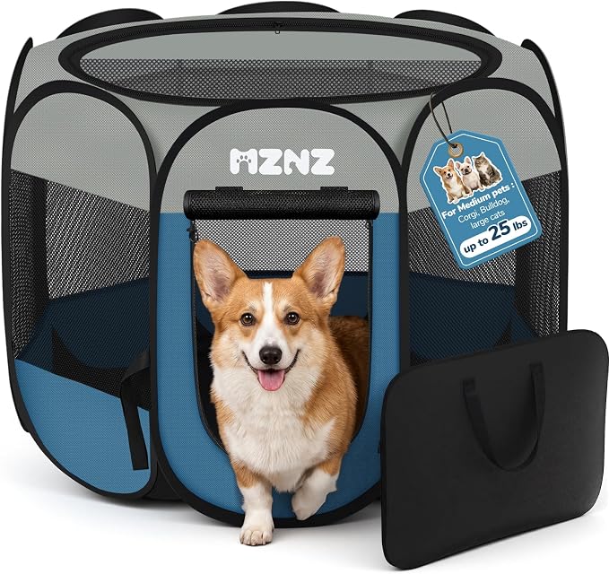 Dog Cat Small Animal Puppy Playpen Crate, Medium, Grey Blue | Portable Pop Up Pet Cage Enclosure Tent Kennel Indoor Outdoor with Carrying Case, No Assembly, Camping Use by MZNZ