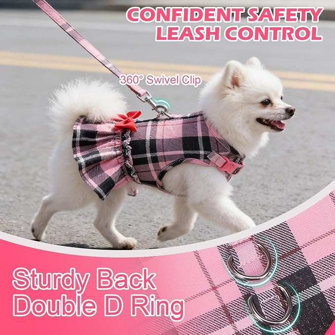EXPAWLORER Dog Harness Small Medium Sized Dogs, No Choke No Pull Mesh Vest | Plaid Dog Dress Bowknot Harness and Leash Set Soft Cute Princess Puppy Outfits Clothes Costume for Girls Party Cats Pink XS - Image 4