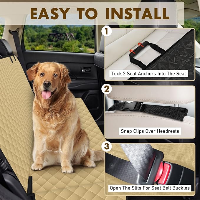 Waterproof Dog Backseat Cover for Cars, Non-Slip Pet Seat Protector, Khaki - Image 3