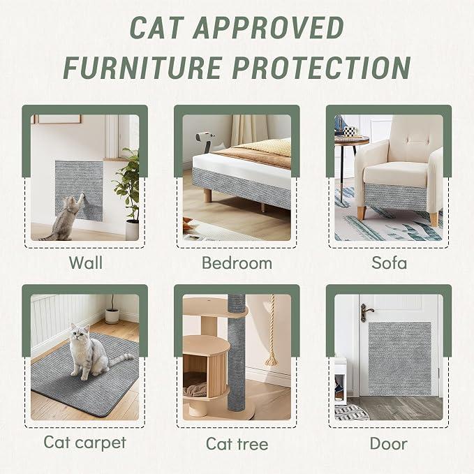 Cat Scratch Mat for Couch, 78.7x15.8 in Self-Adhesive | DIY Climb Cat Scratch Carpet, Trimmable Pads for Tree Post, Couch Furniture Wall Door Protector, with Pins & Tape, Light Grey - Image 6