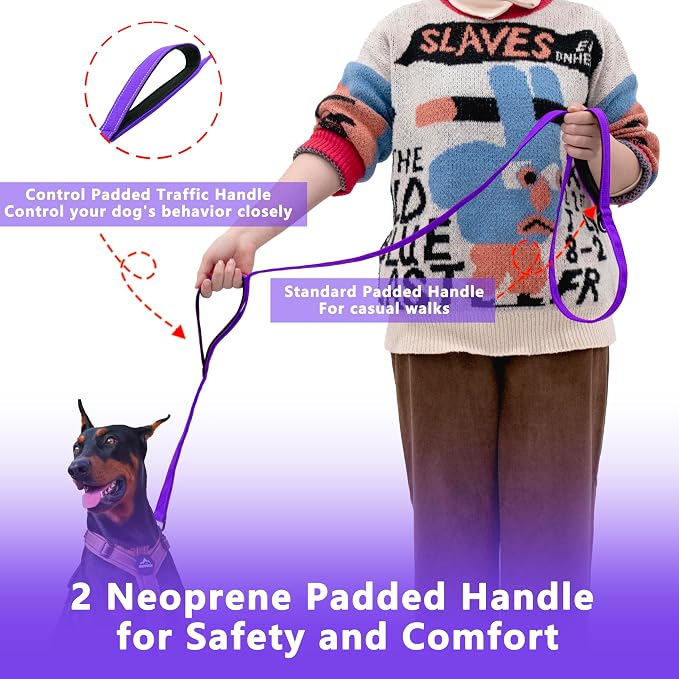 Dog Leash 6.5ft Long,Double Handle Dog Leash for Control Training | Heavy Duty Dog Leads with Traffic Padded Handles, Reflective Leashes for Small Medium Large Dogs(6.5ft, Purple) - Image 2