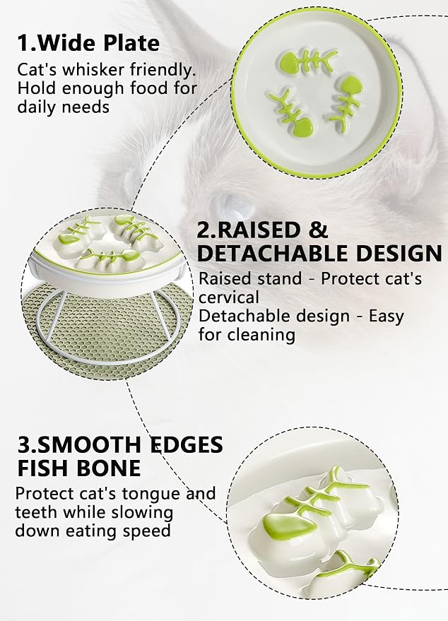 Ceramic Elevated Slow Feeder Cat Bowl, Anti Vomit, Removable Dish, Green | Removable Ceramic Bowl Elevated Anti Vomit Whisker-Friendly Wet & Dry Food Green Glazed Finish - Image 3