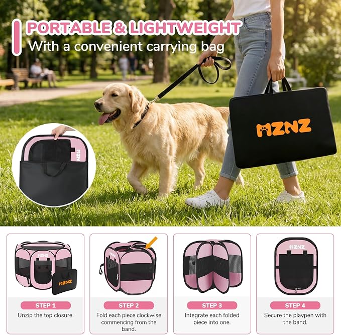 Dog Cat Small Animal Puppy Playpen Crate, Large, Whole Pink | Portable Pop Up Pet Cage Enclosure Tent Kennel Indoor Outdoor with Carrying Case, No Assembly, Camping Use - Image 4