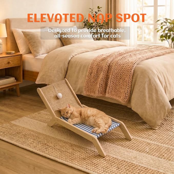 PETKARAY Beach Chair Cat Hammock, Elevated Cat Beds for Indoor Cats, Original Cozy Lounger with Sisal Scratcher and Toy Ball - Image 5