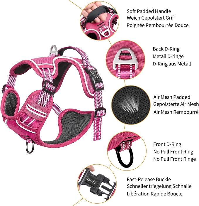HEELE Dog Harness for Large Dogs No Pull Dog Vest Harness for Large Dog with Soft Padded Handle Reflective for Outdoor Training, Rose(Matching Trim), L | No Choke with Control Handle, Soft Breathable Padded Pet Vest, Adjustable, Reflective Front Clip V... - Image 2