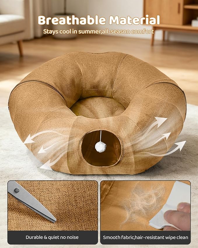 Linen Cat Tunnels with Central Cat Bed, Interactive Cat Toys Detachable Washable Soft Mat Large Indoor Play Tunnel Cave for Kittens and Small Animals - Image 3
