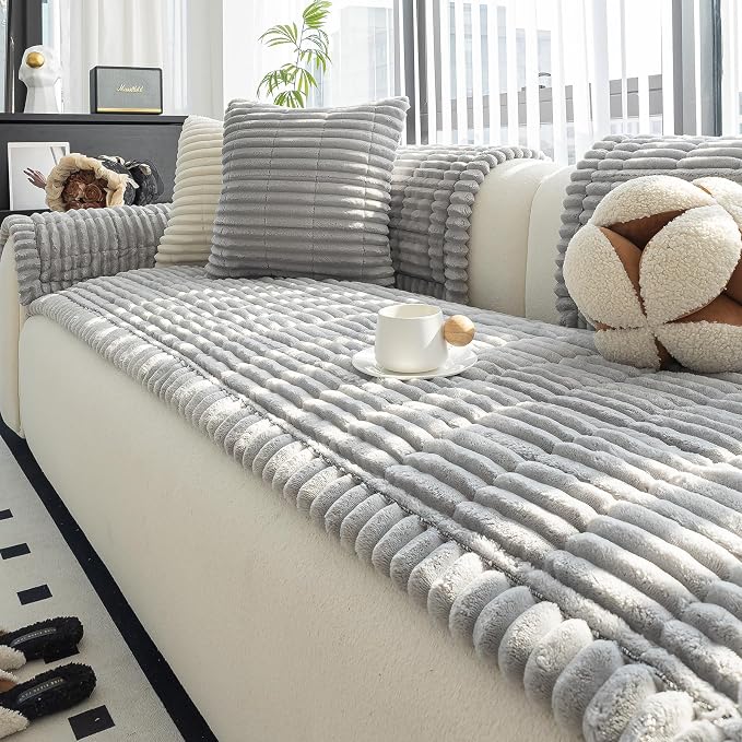 Sofa Couch Cover, Sofa Covers for Dogs Washable, Non-Slip Striped Sofa Slipcovers for Sectional Sofa, Sofa Cover Furniture Protector for L Shaped(Light Grey 27.6"x 82.7") by MDSASFD