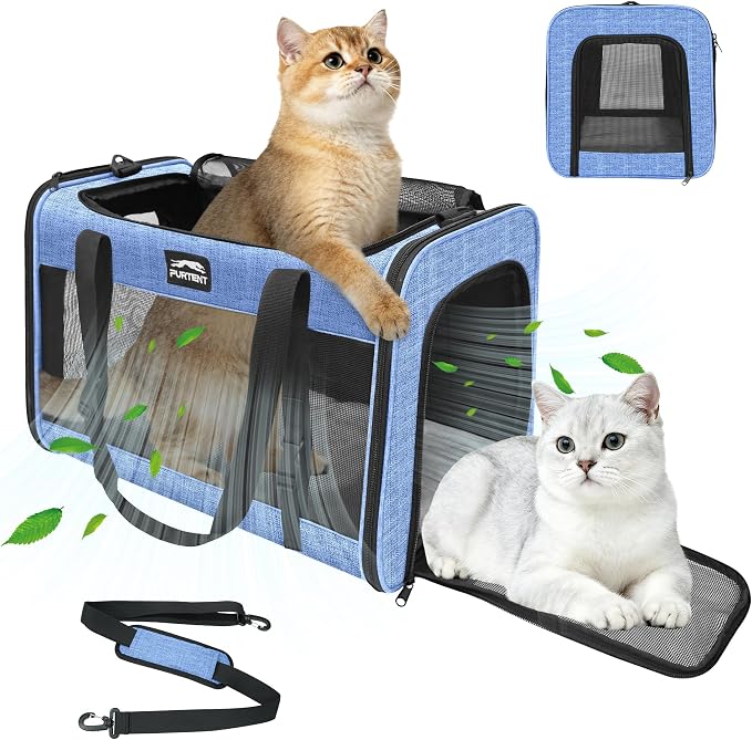 Soft-Sided Large Cat Carrier for 2 Cats, Spacious Foldable Pet Travel Carrier for Large Cats up to 25 Lbs, Double Cat Bag with Shoulder Strap, 20x13x13 Inch, Fits Maine Coon and Small Dogs, Blue | Spacious 20×13×13 in design with reinforced frame for o... by FURTENT