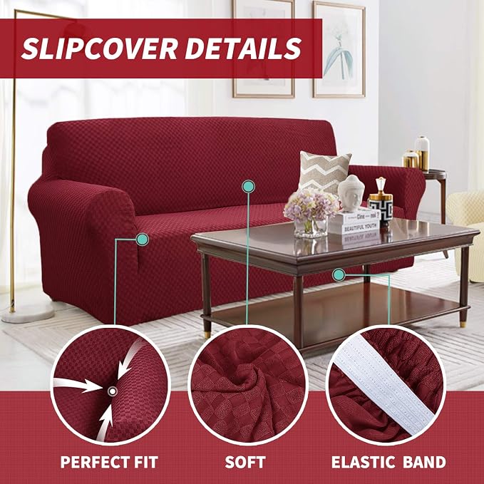 YEMYHOM Couch Cover Latest Jacquard Design High Stretch Sofa Covers for 3 Cushion Couch, Pet Dog Cat Proof Slipcover Non Slip Magic Elastic Furniture Protector (Sofa, Christmas Wine Red) - Image 3