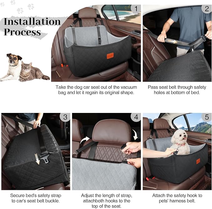 Wooaidagg Dog Car Seat for Medium & Large Dogs Up to 55lbs, Memory Foam Cushion, Washable Cover, Safety Straps & Non-Slip Base(Black/Grey,Large) - Image 6