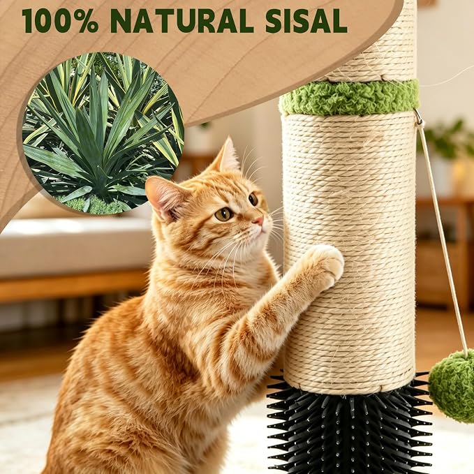 39.4'' Tall Cat Scratching Post,3.5 Inch Wide Sisal Cat Scratcher Tree with Leaves,Interactive Cat Toys for Indoor | Solid Wood Base Stable Scratch Tower Interactive Toy Self Groomer Climbing Pole Full Body Stretching Artificial Plant - Image 3