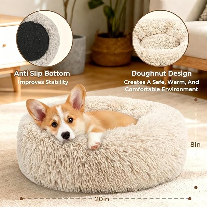 Calming Donut Dog and Cat Bed for Indoor Cats, Anti-Anxiety Round Fluffy Soft Washable Small Pet Bed for Puppy and Kitten, Warming Comfortable Luxury Anti-Slip Waterproof Mute Base 20in Light Brown - Image 2