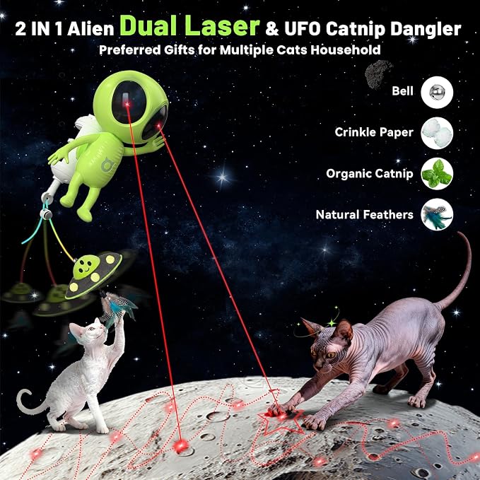 ORSDA Laser Cat Toys for Indoor Cats, 2 in 1 Interactive Automatic Dual Laser & Catnip UFO Dangler for Kitten Toys, Truly Random Trajectory Radar Motion-Activated, Rechargeable 4 Modes, Clamp Design - Image 2