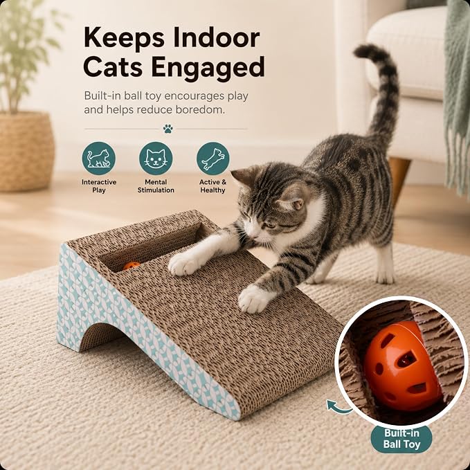 Cardboard Cat Scratcher Ramp with Ball, 2 Sizes Cat Scratch Pads | Nesting Triangle Design, with 17"x11" and 11"x11" Corrugated Scratchers, for Space-saving Natural Scratching, with Catnip - Image 7