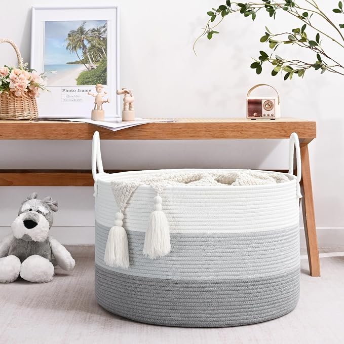 67L Large Woven Blanket Basket, Cotton Rope Baby Laundry Hamper with Handles, Kids Toy Basket for Classroom & Nursery, Soft Round Stuffed Animal Storage, Dog Toy Bin - 20"x13", Gray - Image 2
