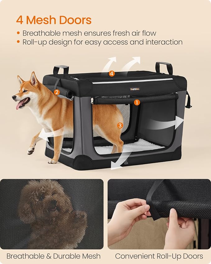 Feandrea Collapsible Dog Crate, Portable Travel Crate, 30-Inch | Oxford Fabric Pet Carrier with 4 Mesh Doors, Handles, Storage Pocket, Water Bottle Holder, UPDC017B01 - Image 4