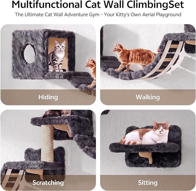 13-in-1 Cat Wall Shelves, Moon & Bridge Cat Wall Furniture, Grey | Wall Mounted Cats Shelf Set with Plush Fabric, Cat Climbing Systems for Adult Cats, Condo, Scratching Post, Space-Saving - Image 3