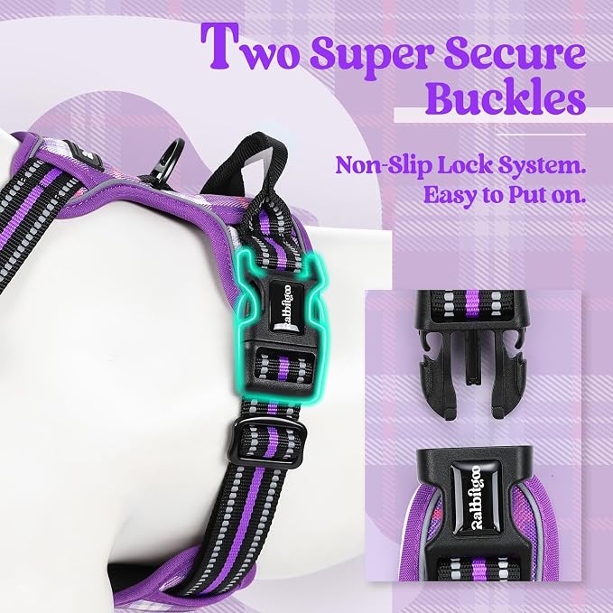 rabbitgoo Dog Harness, No Pull for Small Dogs with 2 Leash Clips, Pet Vest | No Choke with Handle, Adjustable Soft Padded, Reflective, Easy Control for Walking, Purple Plaid, Small - Image 3