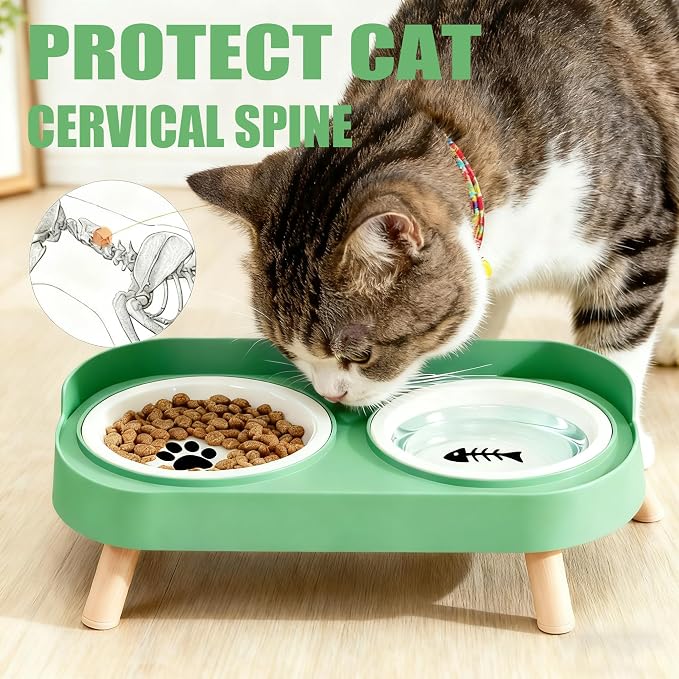Elevated Cat Bowls, 2 Ceramic Raised Cat Food and Water Bowl Set, Prevent Cat Chin Acne, Whisker Fatigue Friendly, Splash Proof & Dishwasher Safe for Indoor Cats and Small Dogs - Green - Image 2