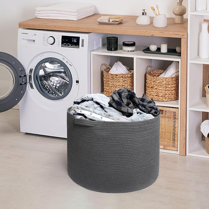 MEGASKET Large Dark Grey Storage Basket, Woven Cotton Rope Baskets for Storage, Big Blanket Organizer Storage Basket for Living Room, Kids Room Toy Storage Organizer Box, Blanket Keeper (22"x14") - Image 7