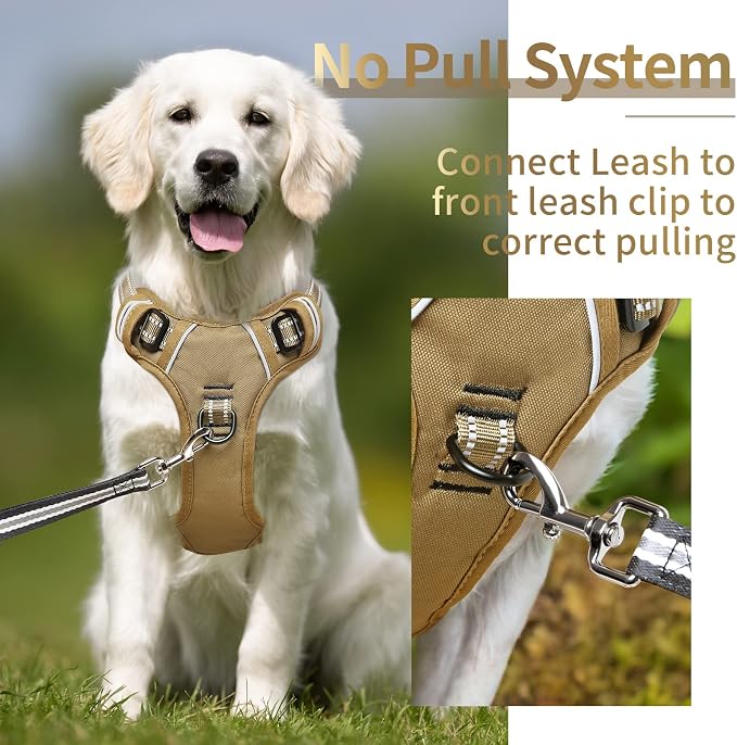 HEELE Dog Harness, Dog Harness for Small Medium Large Dogs No Pull Adjustable Padded Reflective Harness with Handle for Walking Training, Brown, XL | Soft Breathable Padded for Large Harness, No Pull No Choke, Adjustable 2 Metal Rings for Outdoor Walki... - Image 3