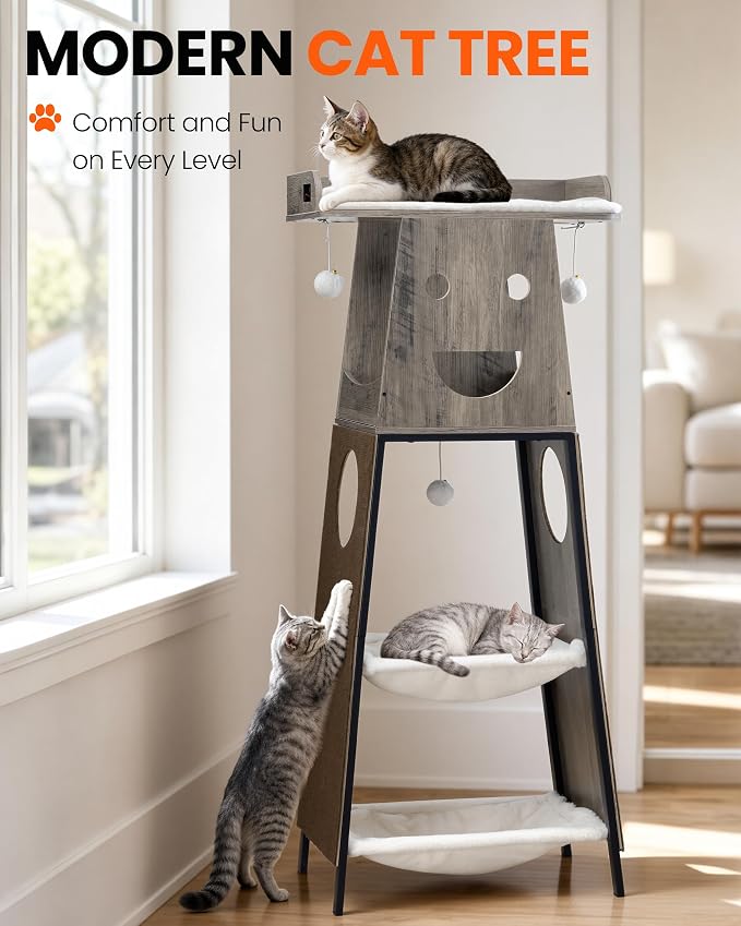 56in Modern Wood Cat Tree Tower for Indoor Cats with Hammock | Multi-Level Climbing Design, 2 Spacious Hammocks, Top Perch, Cat Condo, Scratching Boards, Ideal for Multi-Cat Homes,Greige - Image 4