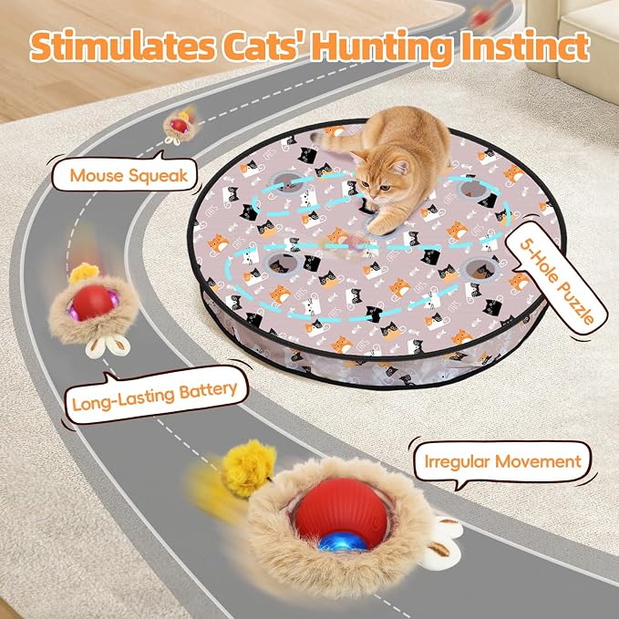 Interactive Cat Toy for Indoor Cats-Hide and Seek Cat Toy with 5-Holes Mat,Automatic Cat Toy Ball with Mouse Squeak in Pouch,Rechargeable Kitten Toy,Motion Activated Ball - Image 3