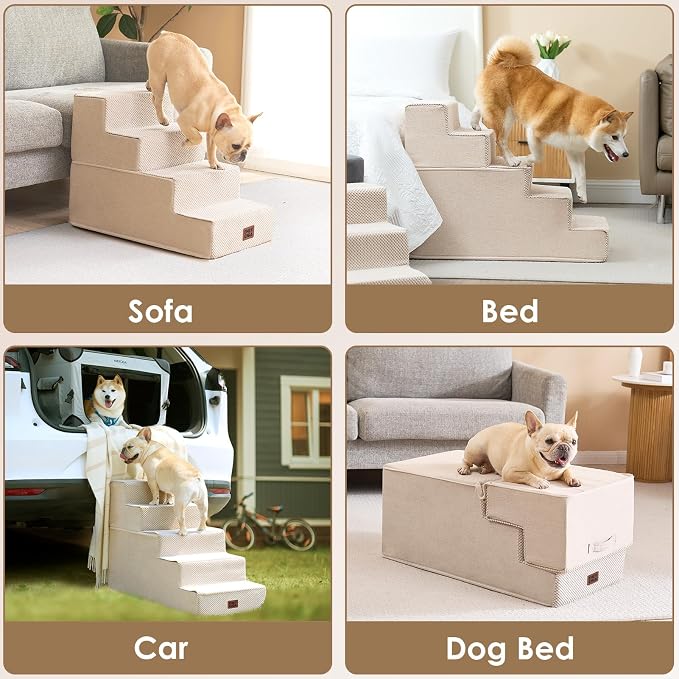 EHEYCIGA Dog Stairs for Bed 18" H, 4-Step Dog Steps for High Bed, Beige | Pet Steps for Small Dogs and Cats, Non-Slip Balanced Pet Ramp Indoor - Image 7