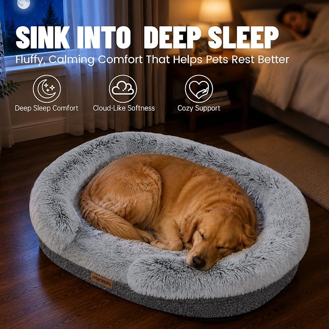 Miorun Fluffy Orthopedic Dog Beds Large Sized Dog, 40" Bolster Sofa Bed | Soft plush faux fur,lowered entry,washable cover,waterproof liner,claming dog couch for x-large dogs,supportive bolster - Image 6