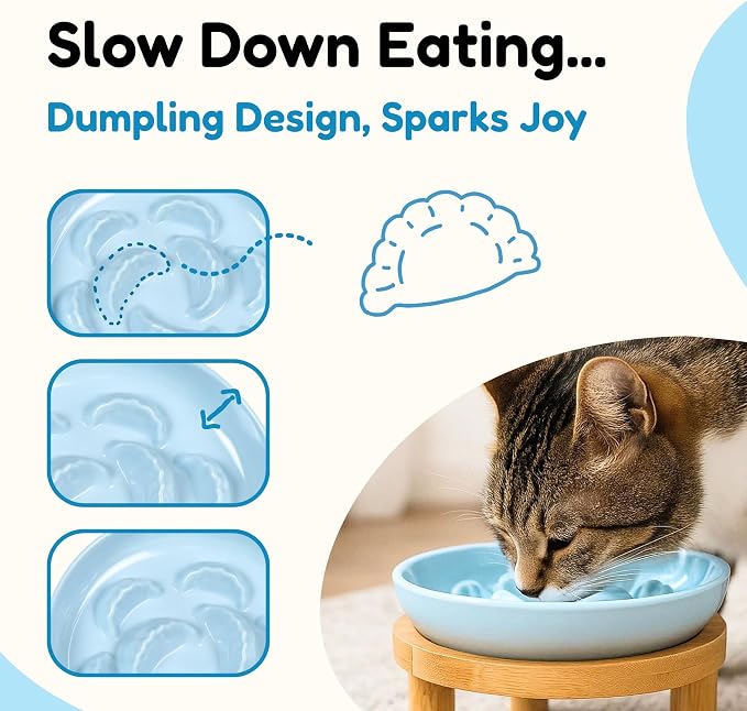 Slow Feeder Bowl, 6.3″ Elevated Cat Bowl with Stand, Melamine Wide Shallow Food Bowl, Whisker-Friendly Raised Plate, Wet Food Feeder for Slow Eating (Blue) - Image 4