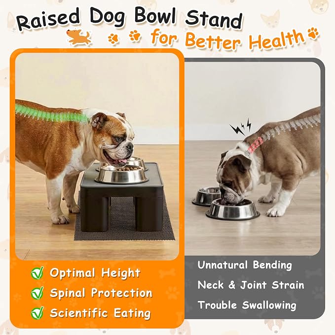 2 Pcs Elevated Dog Bowl Stand with Waterproof Dog Food Mat, Non-Slip, Black | Reduce Neck & Joint Strain, Easy to Clean Silicone Pet Feeding Mat, Sturdy Legs, Ideal for Small & Medium Dogs and Cats - Image 3