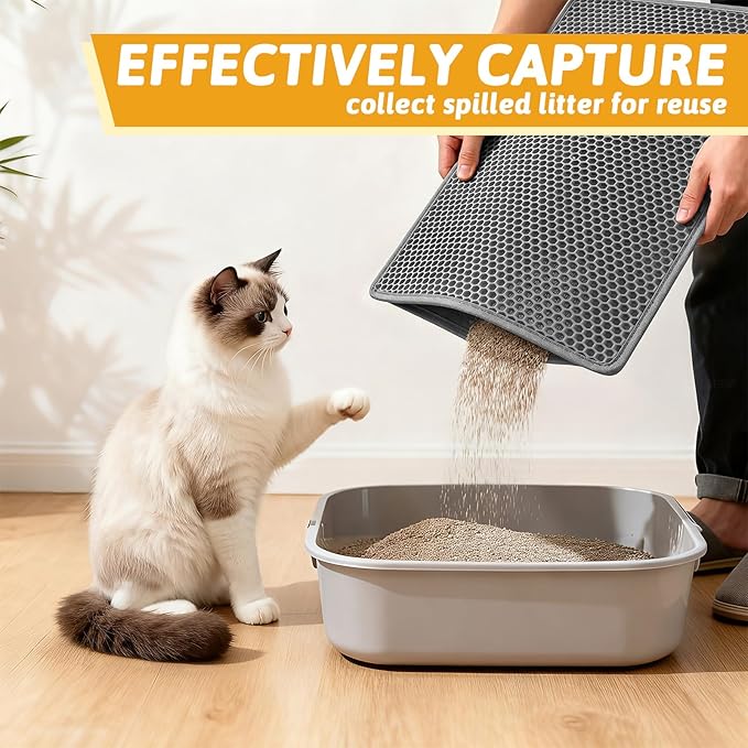 Pieviev Cat Litter Mat, Double-Layer Waterproof Litter Trap, 24" x 15" Gray | Honeycomb Design Catches Scattered Particles to Stop Tracking, Urineproof Base Protects Floors, Easy to Clean - Image 3