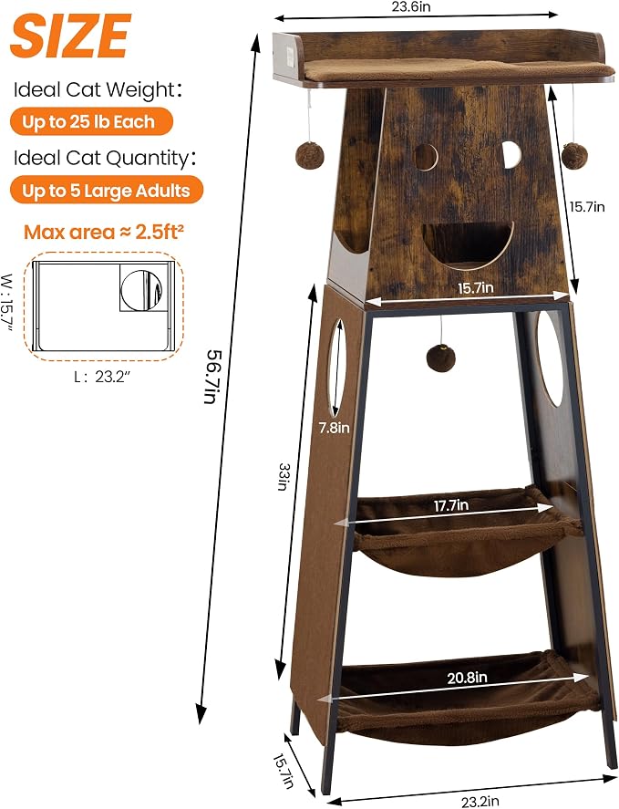 56in Modern Wood Cat Tree Tower for Indoor Cats with Hammock | Multi-Level Climbing Design, 2 Spacious Hammocks, Perch, Cat Condo, Scratching Board, Ideal for Multi-Cat Homes, Rustic Brown - Image 9