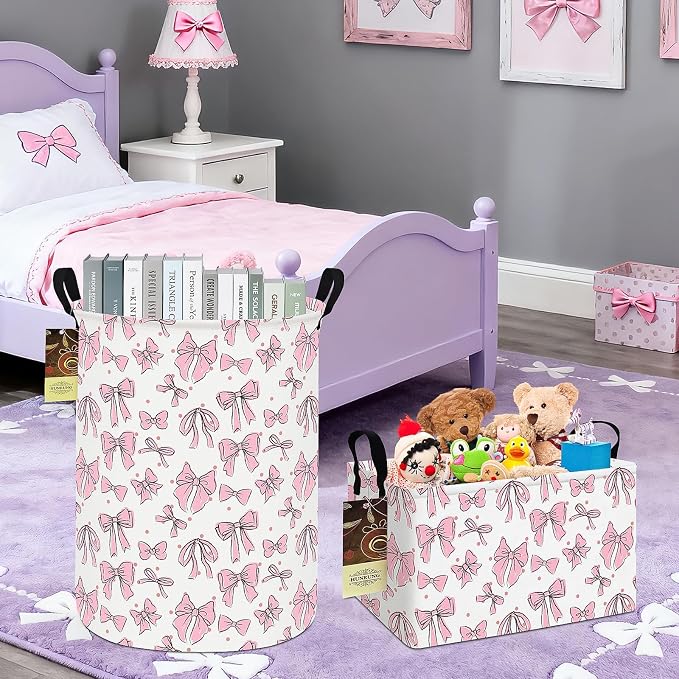 Rectangle Foldable Storage Basket Handles For Home, Pink Bow | Waterproof canvas material, reinforced handles, perfect for shelf use, organizes clothes, daily items and pet supplies - Image 8