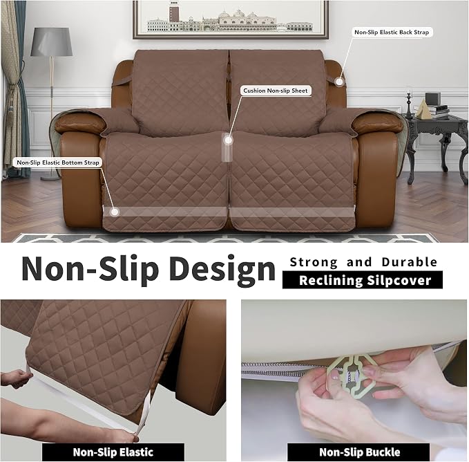 Easy-Going Loveseat Recliner Cover, Reversible Couch Cover for Double Recliner, Split Sofa Cover for Each Seat, Furniture Protector with Elastic Straps for Kids, Dogs, Pets(2 Seater, Brown/Beige) | Sofa Slipcover For Dogs, Sofa Cover For Loveseat Recli... - Image 4