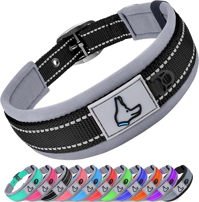 Joytale Reflective Dog Collar for Large Dogs with Wide Padding, Black | Soft Cushion Reduce Neck Strain, Night Safety Walking, Metal Buckle and Adjustable Eyelets, Separated Dog ID Tag Ring by Joytale