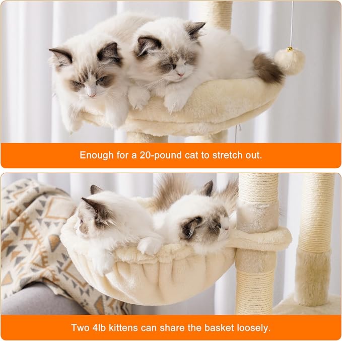 Heybly Cat Tree, 68 inch Multi-Level Cat Tower for Indoor Cats HCT025M | Cat Condo with 2 Widened Plush Perches, 2 Cozy Baskets, Scratching Board and Big Caves, Beige - Image 6