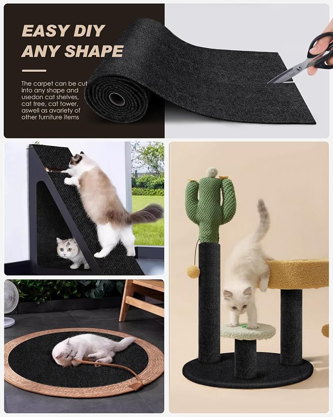 Cat Scratch Furniture Protector, Trimmable Self-Adhesive Carpet, DIY Climb Cat Scratcher Mat for Covering Cat Tower and Couch Protector from Cat Claws (78.7x15.8in Black) - Image 2