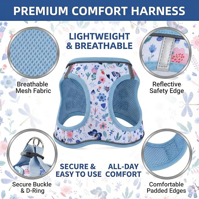 Mihqy Step in Dog Harness and Leash Set, Soft Breathable Mesh, Insect,XXS | Reflective, Adjustable No Pull Harnesses for Small Dogs Puppy and Cats, Lightweight Vest Harnesses, Fashion Floral Design - Image 2