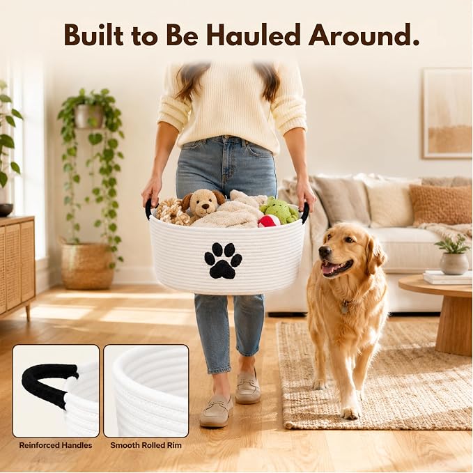 Dog Toy Basket with Handles, Cotton Rope Storage Bin Organizer for Pets | Holds toys, blankets, leashes & dog stuff. Spot clean, collapsible, free-standing woven bin with embroidered paw. - Image 5